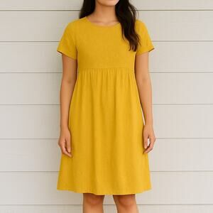 Terzo Millennio Linen Embroidered Short Sleeve Shift Mini Dress Yellow S